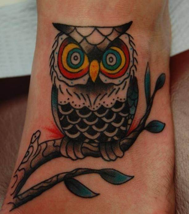 Traditional Owl On Tree Branch Tattoo On Left Foot