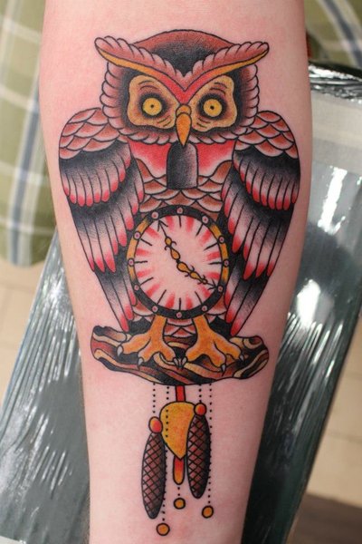 Traditional Owl With Clock Tattoo On Right Forearm By Steve Rieck Las Vegas