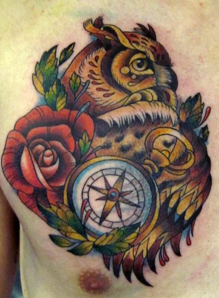 Traditional Owl With Compass And Rose Tattoo On Man Right Chest