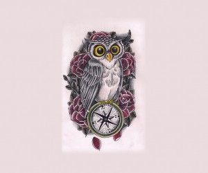 Traditional Owl With Compass And Roses Tattoo Design