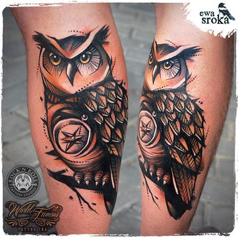 Traditional Owl With Compass Tattoo Design For Leg Calf