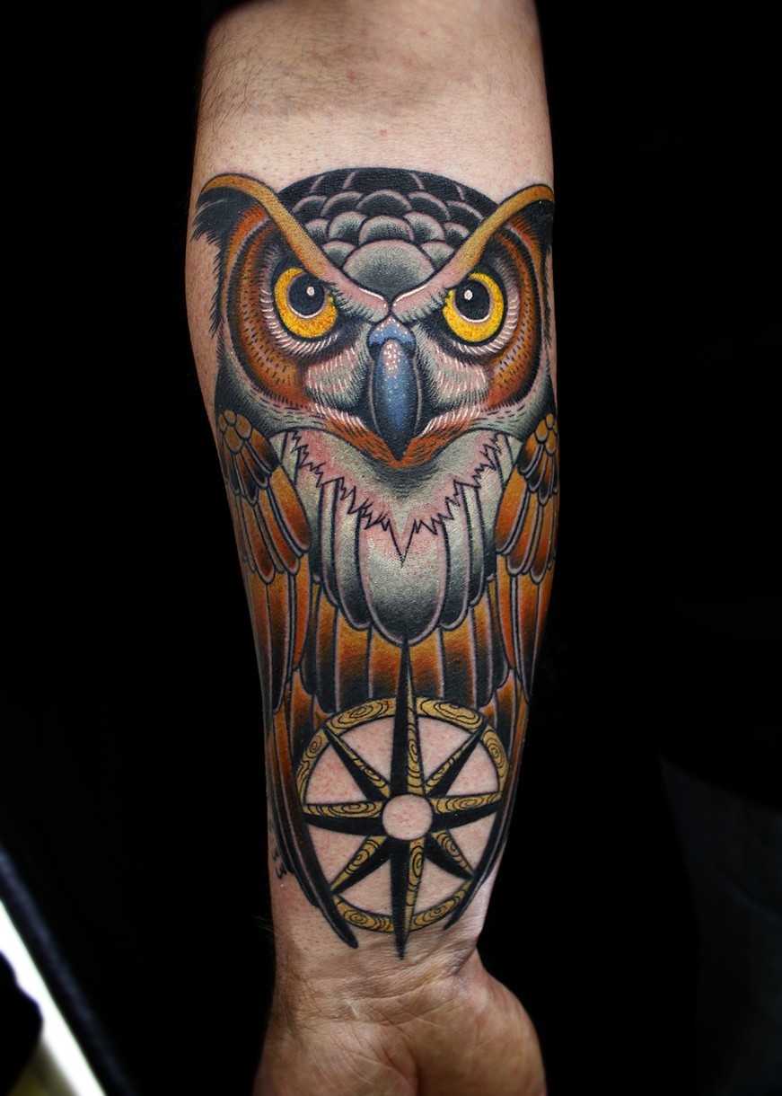 Traditional Owl With Compass Tattoo On Right Forearm