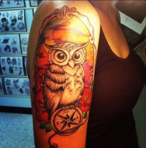 Traditional Owl With Compass Tattoo On Right Half Sleeve