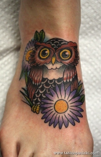 Traditional Owl With Flowers Tattoo On Female Right Foot