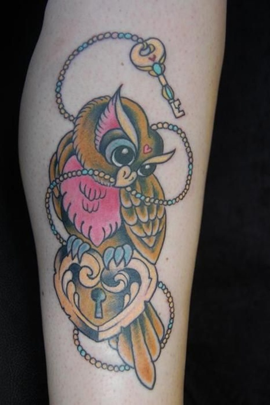 Traditional Owl With Heart Lock And Key Tattoo Design For Arm