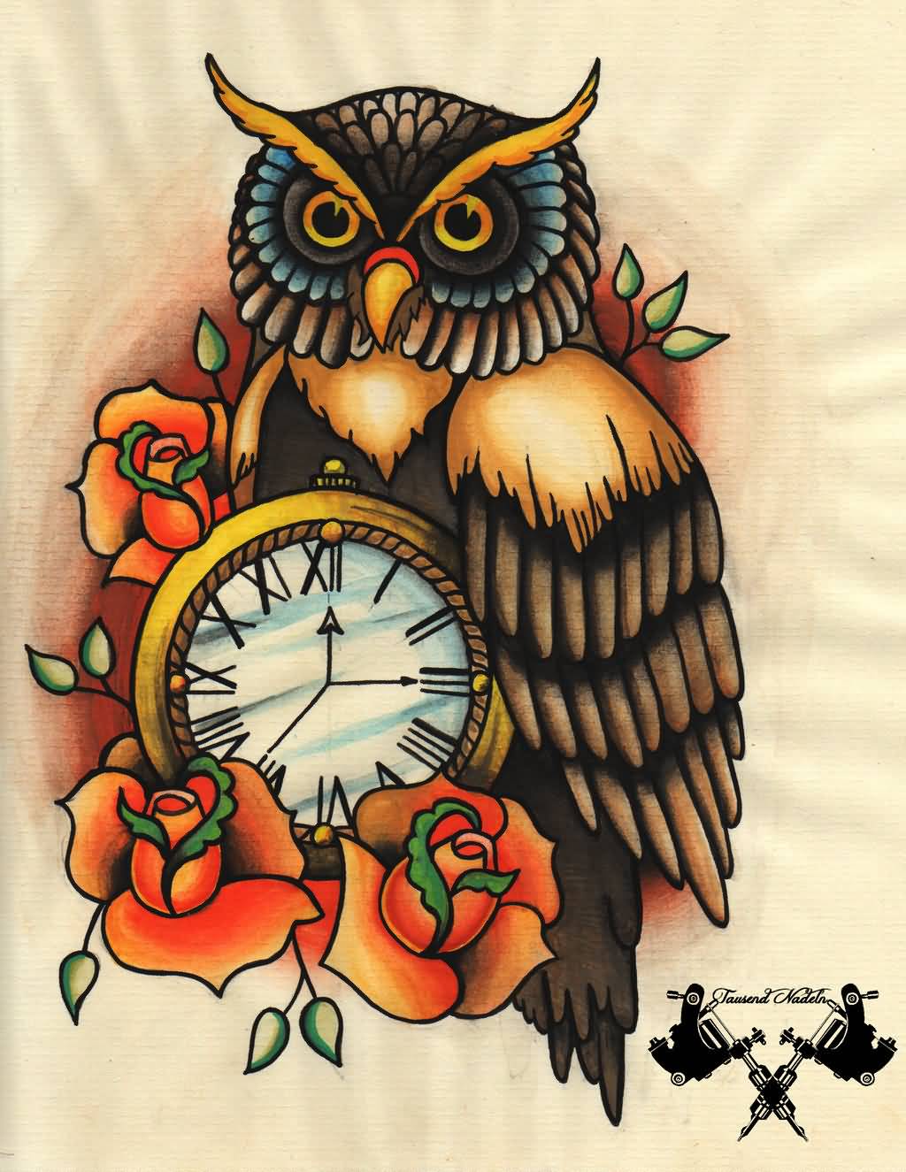 Traditional Owl With Pocket Watch And Roses Tattoo Design By Karlinoboy