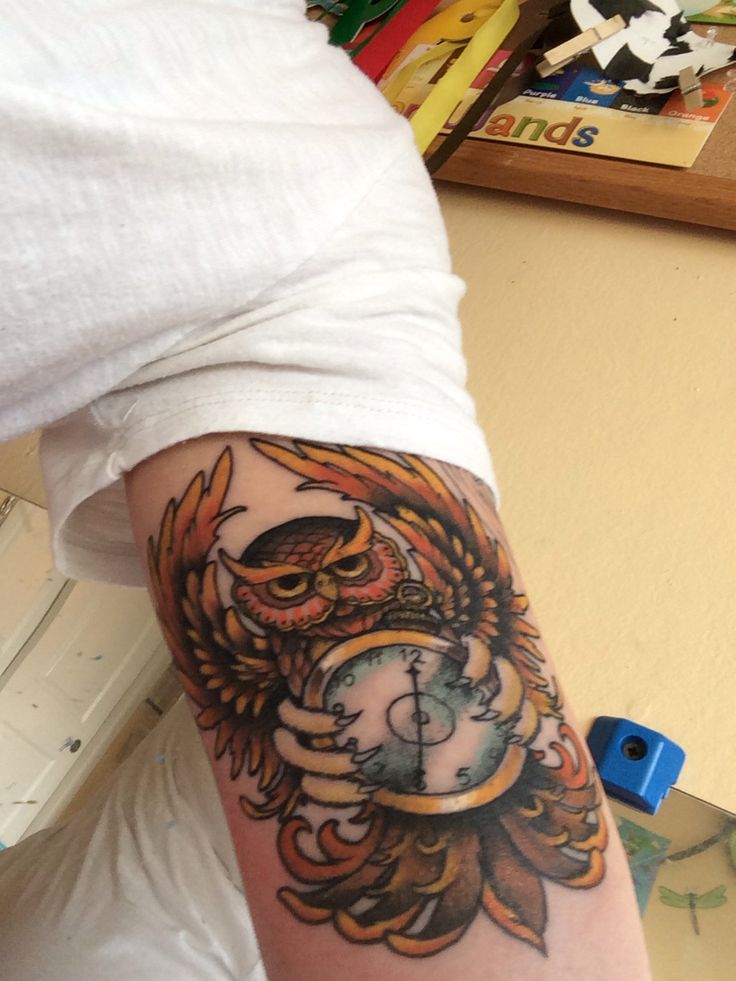 Traditional Owl With Pocket Watch Tattoo On Right Half Sleeve