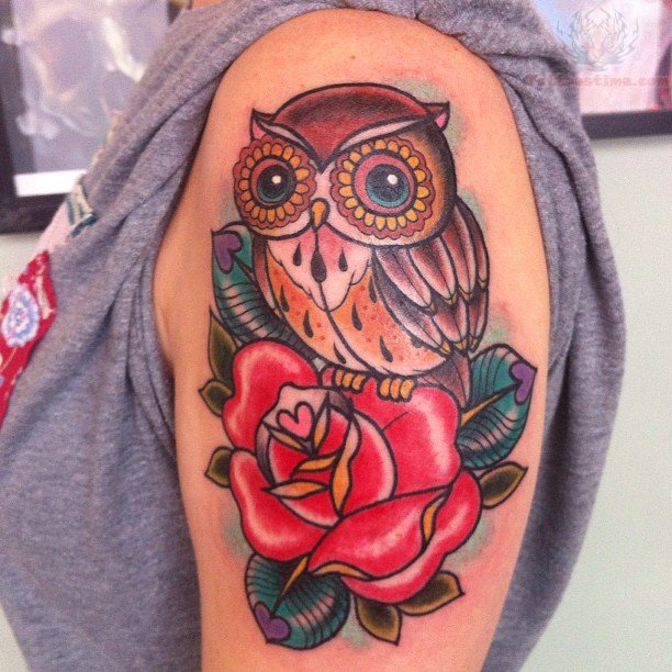 Traditional Owl With Rose Tattoo On Female Left Shoulder