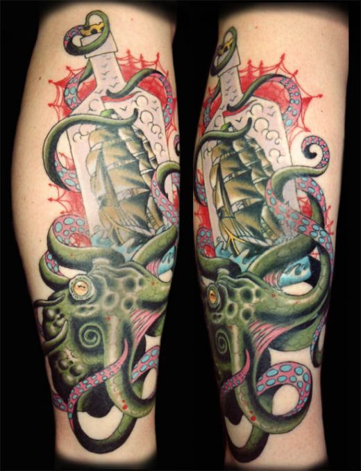 Traditional Ship In Bottle With Octopus Tattoo Design For Leg