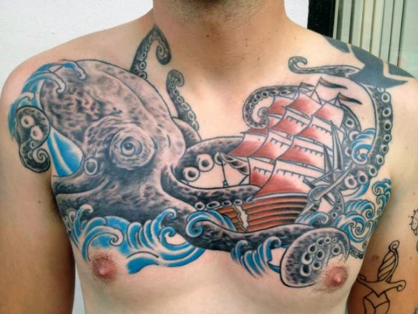 Traditional Ship With Octopus Tattoo On Man Chest