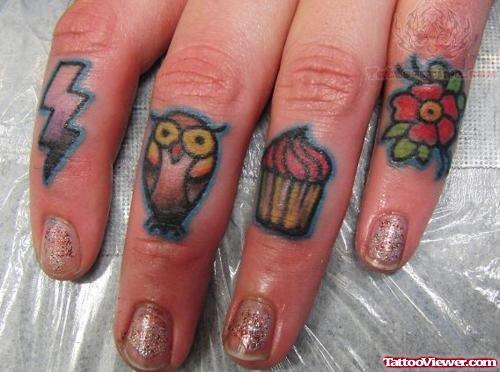 Traditional Thunderstorm, Owl, Cupcake And Flower Tattoo On Right Hand Fingers