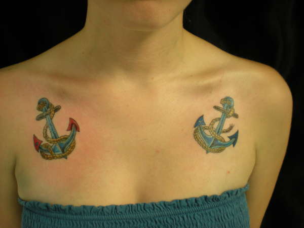 Traditional Two Anchor Tattoo On Girl Chest