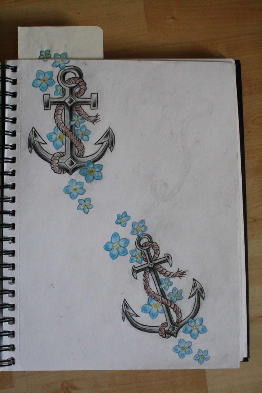 Two Anchor With Rope And Flowers Tattoo Design