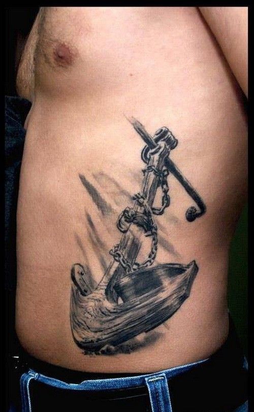 Unique 3D Anchor Tattoo On Man Left Side Rib