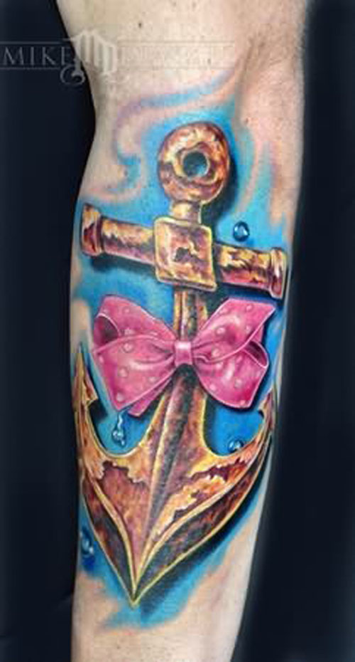 Unique 3D Anchor With Bow Tattoo On Left Forearm