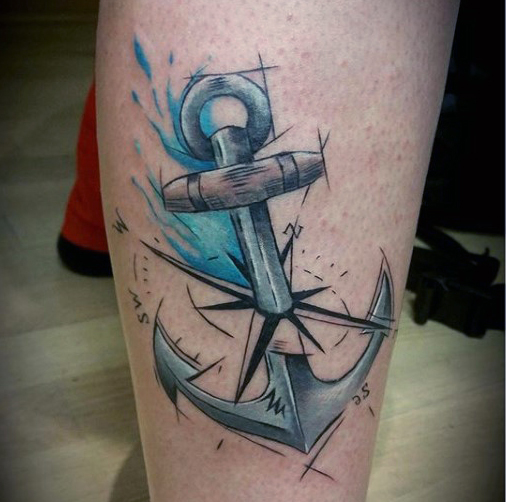 Unique Anchor With Compass Tattoo Design For Leg