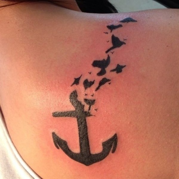 Unique Black Anchor With Flying Birds Tattoo On Girl Right Back Shoulder