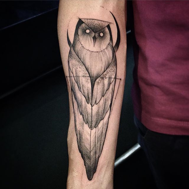 Unique Black And Grey Owl Tattoo On Right Forearm By Victor Montaghini