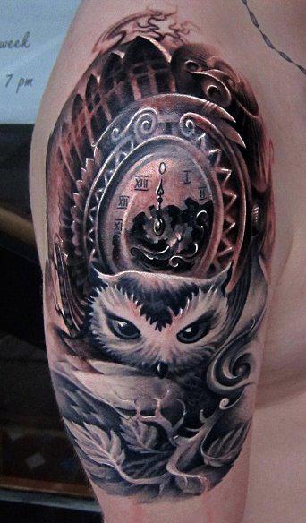 Unique Black And Grey Owl With Clock Tattoo On Right Half Sleeve