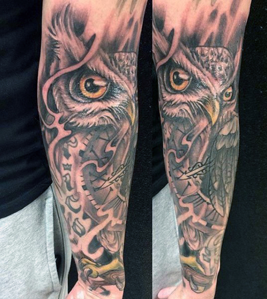 Unique Black Ink Owl With Clock Tattoo On Right Arm