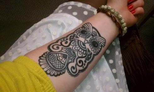 Unique Black Owl Tattoo On Girl Left Forearm