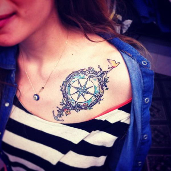 Unique Colorful Anchor With Compass And Flying Bird Tattoo On Girl Left Front Shoulder