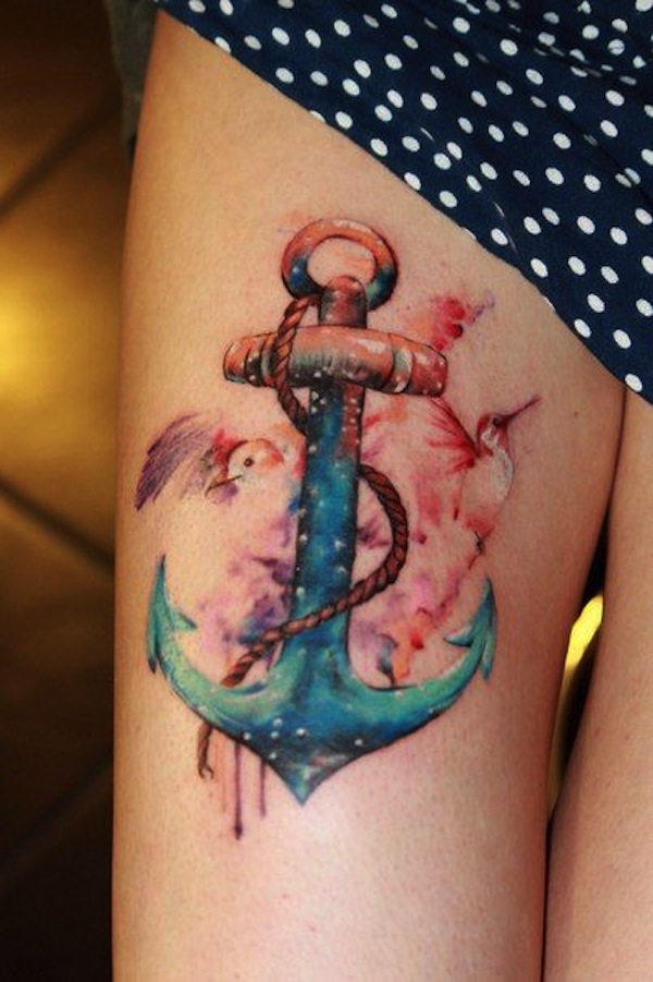 Unique Colorful Anchor With Flying Bird Tattoo On Girl Right Thigh
