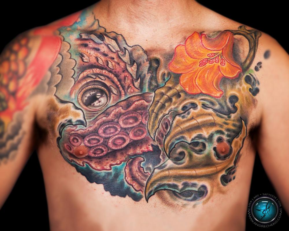 Unique Colorful Octopus Tattoo On Man Chest
