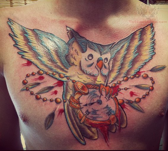 Unique Colorful Owl With Clock Tattoo On Man Chest