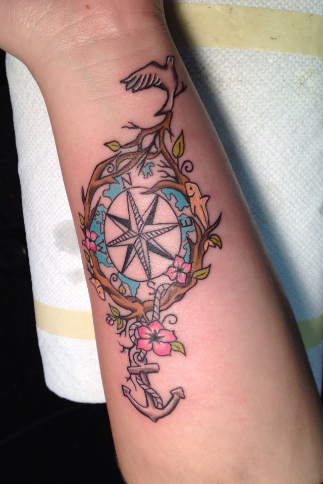 Unique Compass With Anchor And Flying Birds Tattoo On Forearm