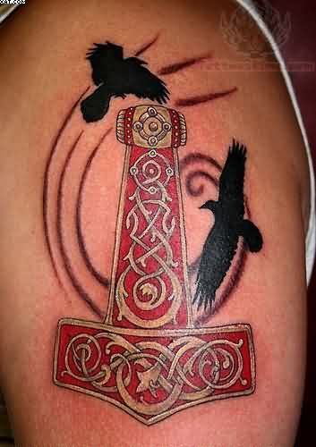 Unique Fantastic Celtic Anchor With Flying Birds Tattoo On Shoulder