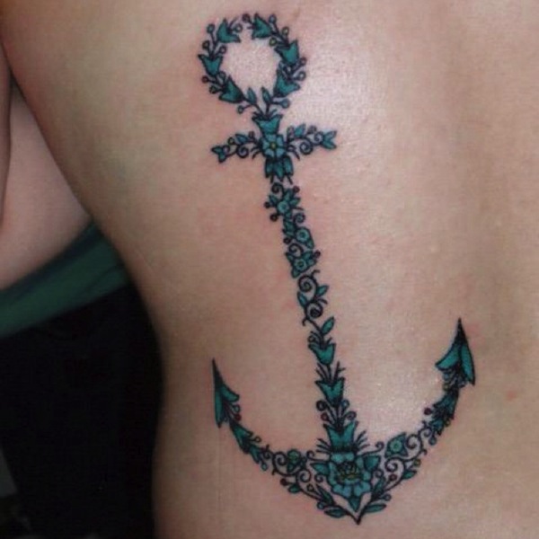 Unique Flowers Anchor Tattoo On Right Side Rib