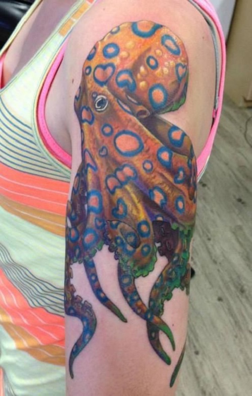 Unique Octopus Tattoo On Girl Left Shoulder By Shawn Elliott