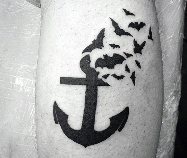 Unique Silhouette Anchor With Flying Bats Tattoo On Leg Calf