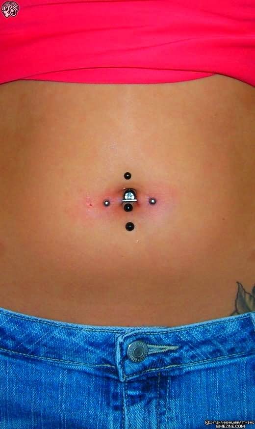Vertical Black Barbell And Horizontal Barbell Navel Body Piercing