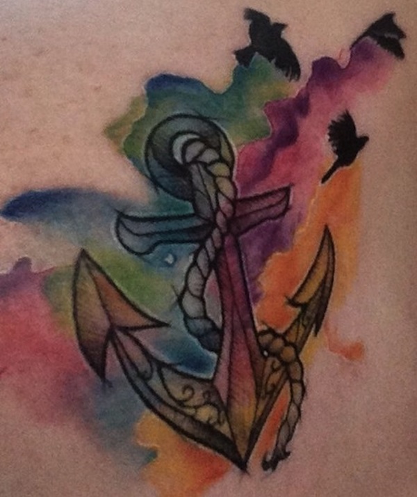 Watercolor Anchor With Bird Tattoo Design