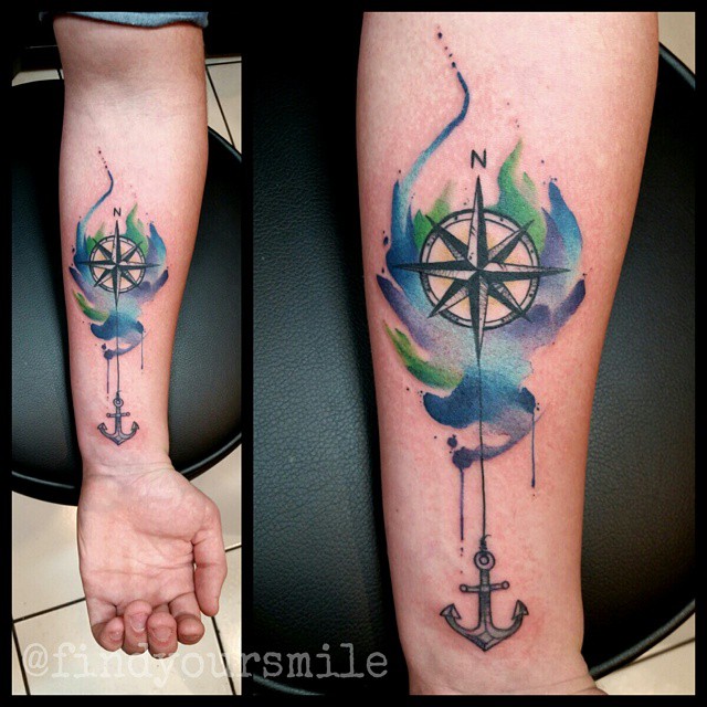 Watercolor Anchor With Compass Tattoo On Left Forearm