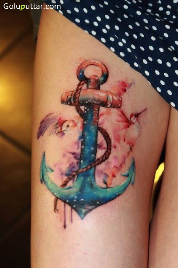 Watercolor Anchor With Flying Bird Tattoo On Girl Right Thigh