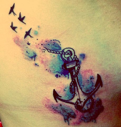 Watercolor Anchor With Flying Birds Tattoo Design