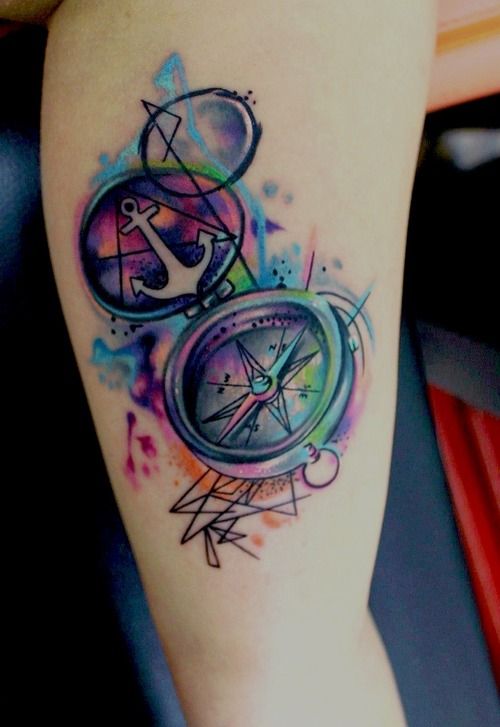 Watercolor Compass With Anchor Tattoo On Half Sleeve