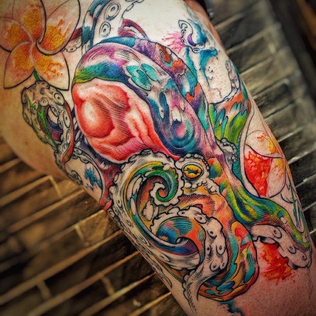 Watercolor Japanese Octopus Tattoo Design For Half Sleeve