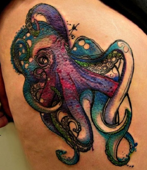 Watercolor Octopus Tattoo Design For Leg