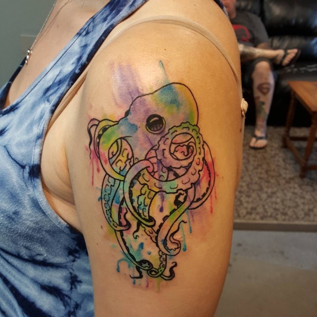 Watercolor Octopus Tattoo On Girl Left Shoulder