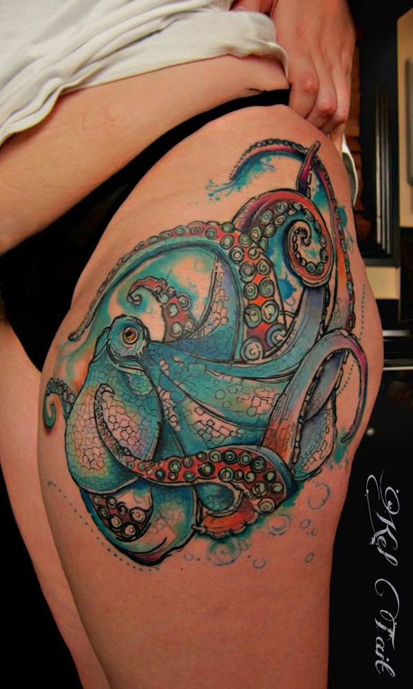 Watercolor Octopus Tattoo On Girl Left Upper Leg