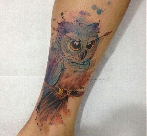 Watercolor Owl On Branch Tattoo Design For Leg