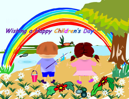 Wishing A Happy Children's Day Kids And Rainbow Clipart