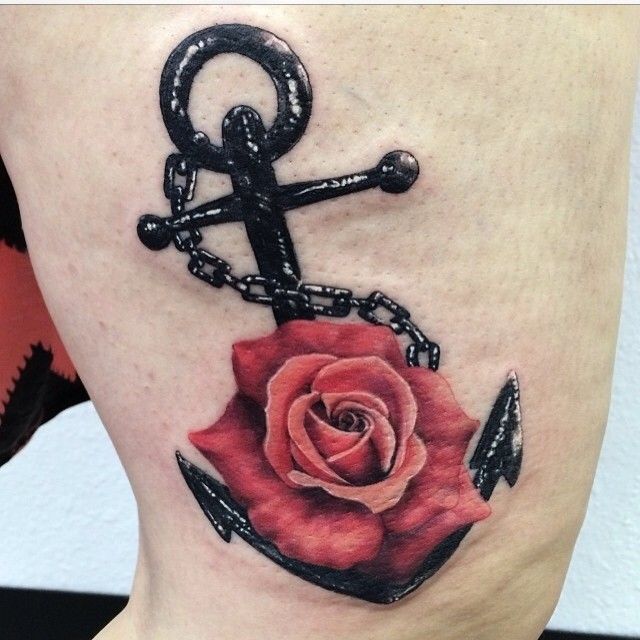 Wonderful 3D Anchor With Chain And Rose Tattoo On Left Half Sleeve