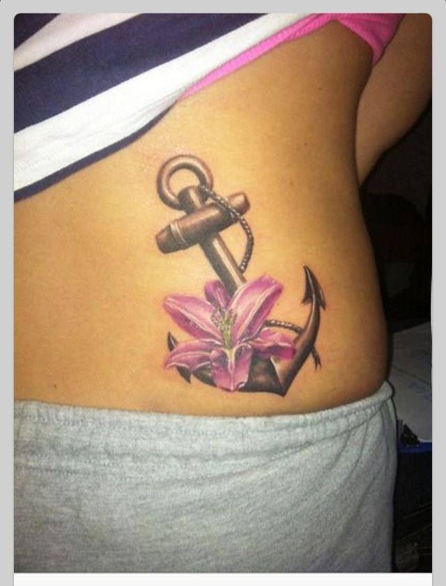 Wonderful Anchor With Flower Tattoo On Girl Right Hip