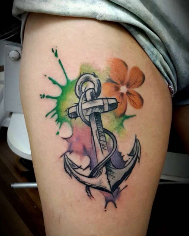 Wonderful Anchor With Flowers Tattoo Design For Half Sleeve By Fernann
