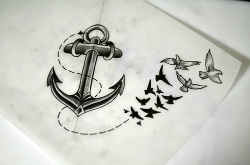 Wonderful Black Ink Anchor With Flying Birds Tattoo Design